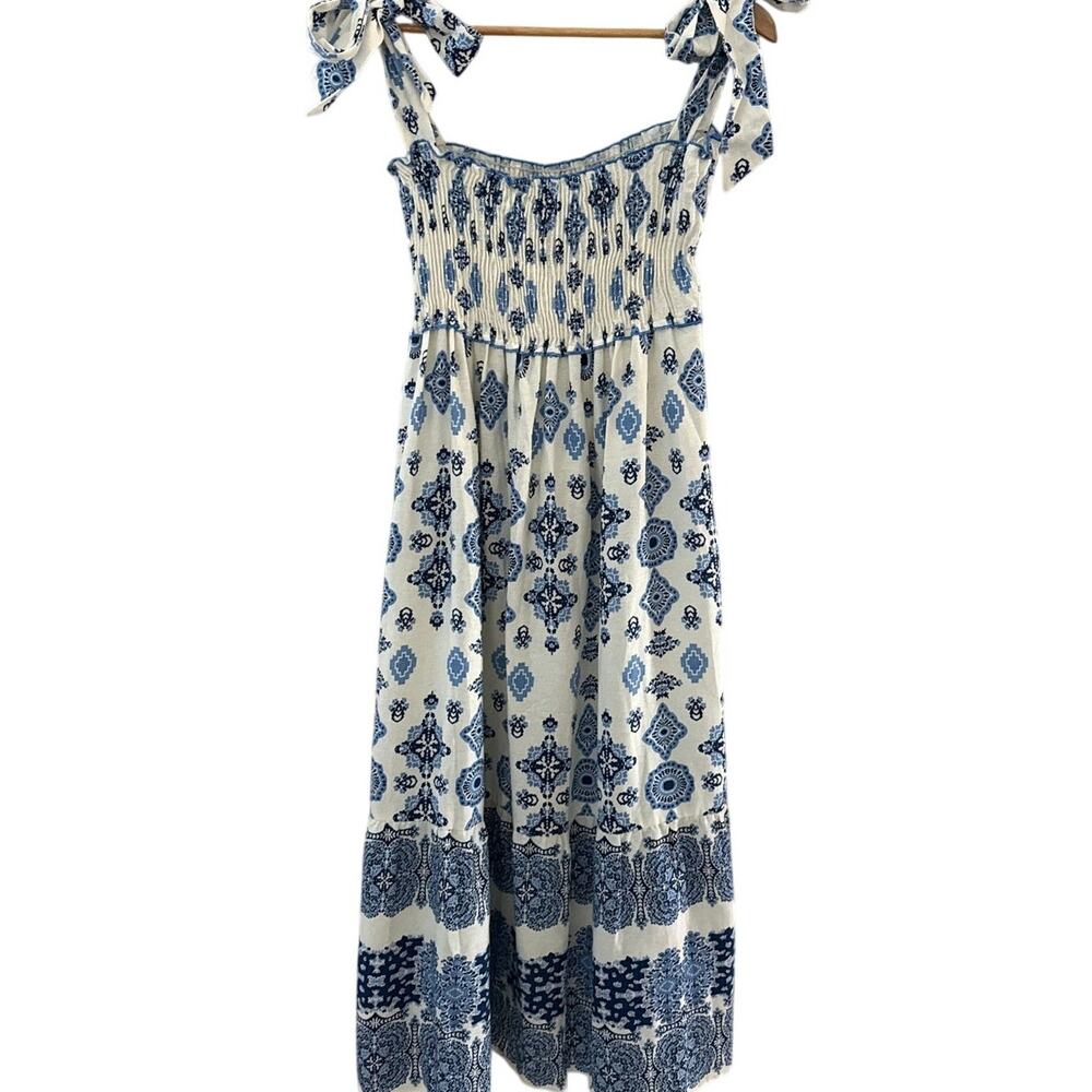 Zara Smocked Tie Strap Boho Linen Maxi Tiered‎ Dress Grecian Print Size Large - Picture 4 of 10